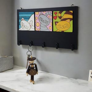 Handcrafted Cat-Themed Wall Key Holder, Wooden & Ceramic Key Rack for Entryway, Office Wall Key Organizer, Birthday Gift for Pet Lover