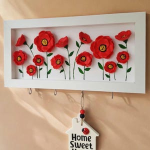 Red Poppies Decorative Key Holder For Wall, Floral Keychain Hanger for Entryway, Artistic Key Rack, Realistic Floral Home Art Key Holder
