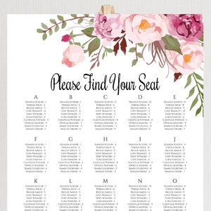 Alfabetische bruiloft zitplaatsen grafiek sjabloon roze bloemen Boho bruiloft zitplaatsen teken, afdrukbare zitplaatsen grafiek, bruiloft zitplaatsen grafiek teken, WBBH