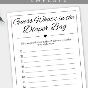 Guess What&#39;s in the Diaper Bag Game Template, Editable Template, Instant Download, Printable Shower Game, In The Bag Game, Diaper Game BSBAW