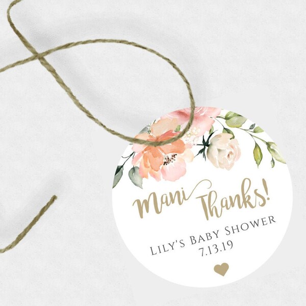 2" Round Gold Mani Thanks Peach Floral Thank You Favor Tag Template, Edit Gift Tag Printable, Tag Personalized, Baby Shower Favor Tag,  BSP5