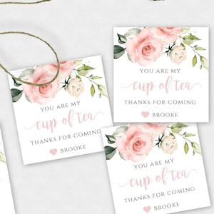 You Are My Cup of Tea, Par-Tea Thank You Tag Template, 2" Square Birthday Party Favor Tag, Gift Tag, Pink Floral Editable Thank You Tag