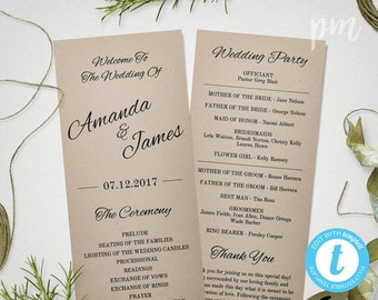 Rustic Printable Wedding Program Template, Instant Download, Ceremony Program, Kraft Wedding Program, Tea Length Program, Editable Program