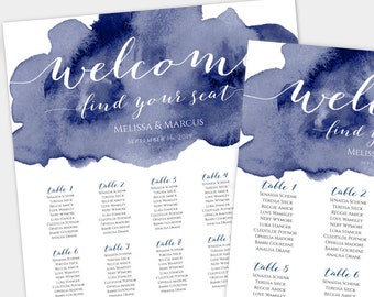 Navy Blue Watercolor Wedding Seating Chart Template, DIY Editable Seating Sign With 2 Sizes Included, Printable Seating Chart