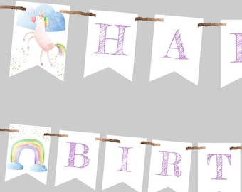 Unicorn Banner Flag Template for Birthday, Unicorn Decor, Magical Unicorn, Rainbow Unicorn Gold Glitter Birthday Bunting Flag, 5x7 Flags BPU