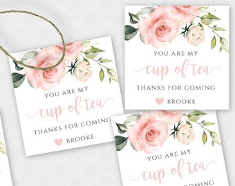 You Are My Cup of Tea, Par-Tea Thank You Tag Template, 2" Square Birthday Party Favor Tag, Gift Tag, Pink Floral Editable Thank You Tag