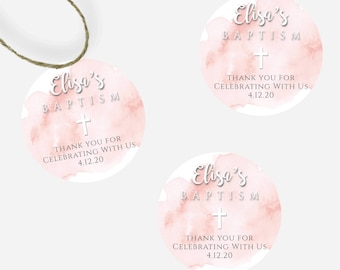 Peach Watercolor Favor Tag Template for Baptism, 2" Round Tag, Personalized Baptism Tag, Thank You Tag for Baptism With Cross, Christening