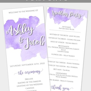 Purple Watercolor Wedding Program Template, 1/2 page Printable Program, Lavender Watercolor Program, Ceremony Program, DIY Edit + Print WBPW