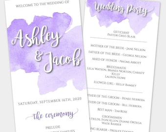 Purple Watercolor Wedding Program Template, 1/2 page Printable Program, Lavender Watercolor Program, Ceremony Program, DIY Edit + Print WBPW