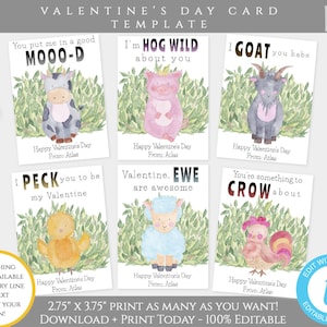 Farm Valentine Card Template, Barn Yard Animal Valentines Cards for Kids Classroom, Editable Valentine Personalized Valentine DIY Valentines