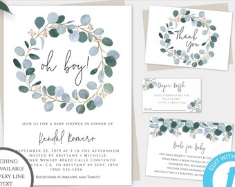 Oh Boy Baby Shower Invitation Template, Greenery Baby Shower Printable Invitation, Watercolor Botanical DIY Editable Invite Set, GWBS
