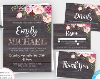 Rustic Floral Wedding Invitation Template Suite, Printable Barn Wedding Invite with RSVP, Pink Floral Wedding Set, DIY Faux Barn Wood, WBRF