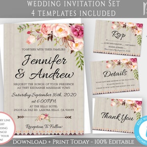 Boho Wedding Invitation Template Set, Bundle Suite, Rustic Floral Invitation Winter Wedding DIY Editable Template Printable Invitation, WBRB immagine 1