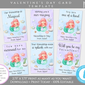 Mermaid Valentines Day Card Template, Mermaid Valentines Cards for Kids Classroom Editable Magical Valentine Template Personalized Valentine