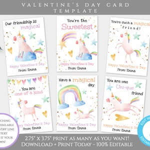 Unicorn Valentines Day Card Template, Unicorn Valentines Cards for Kids Classroom Editable Magical Valentine Template Personalized Valentine