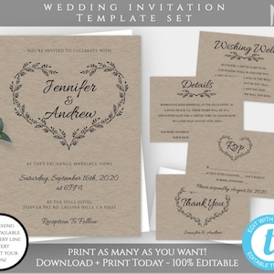 Rustic Wedding Invitation Template Set, Printable Wedding Bundle, Editable Wedding Kit with Wishing Well Card, DIY Kraft Wedding Invite