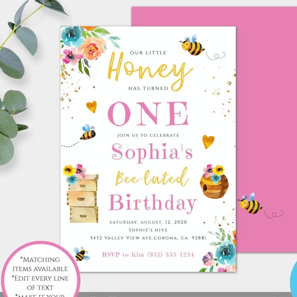 Bee Birthday Invitation Template, First Birthday Invite,  Bee-lated Birthday Party Invite, Belated Birthday Invitation, Pink + Gold Glitter