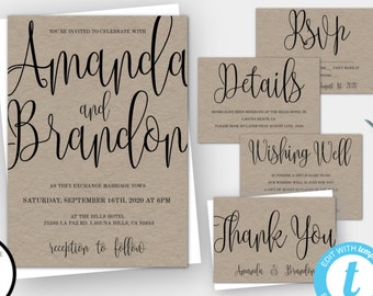 Wedding Invitation Template Suite, Calligraphy Script Instant Download Bundle Set, DIY Wedding Invite + RSVP + Details + Thank You, WBCR