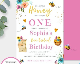 Bee Birthday Invitation Template, First Birthday Invite,  Bee-lated Birthday Party Invite, Belated Birthday Invitation, Pink + Gold Glitter