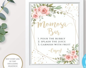 Mom-osa Bar Sign Template, Blush Floral, Mimosa Bar 4" x 6" Gold Geometric Baby Shower Decor, DIY Editable Template, Instant Download, BSBG
