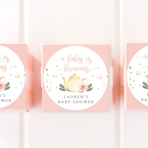Pink Floral A Baby is Brewing Sticker Template, Tea Party Baby Shower Favor, DIY Baby Shower, Editable Sticker, Printable Sticker, BSBP