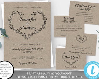 Rustic Wedding Invitation Template Set, Printable Wedding Bundle, Editable Wedding Kit with Wishing Well Card, DIY Kraft Wedding Invite