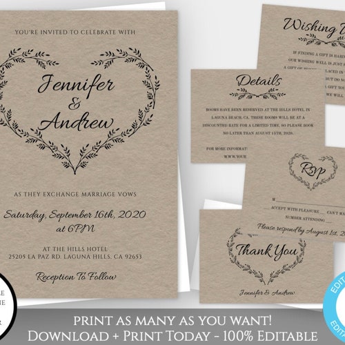 Rustic Wedding Invitation Set Printable Wedding Invitation - Etsy