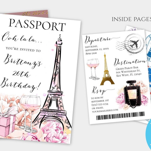 Paris Birthday Party Passport Invite Template, Passport Invitation, Ticket Invitation, Printable Boarding Pass Invite, Paris Theme Party