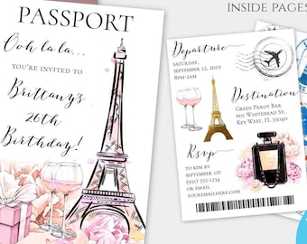 Paris Birthday Party Passport Invite Template, Passport Invitation, Ticket Invitation, Printable Boarding Pass Invite, Paris Theme Party