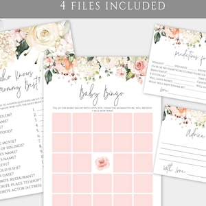 Blush Pink Baby Shower Template Game + Keepsake Card Pack, Baby Bingo, Who Knows Mommy Best, Predictions for Baby, Advice for Mom To Be BSGF
