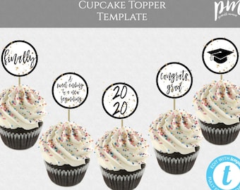 Cupcake Topper Template for Graduation Party, 2021 Graduation Decor with Grad Cap Topper, College Graduation Editable Template, GP2