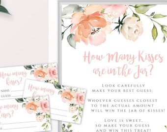 Guess How Many Kisses Bridal Shower Game, Wedding Shower Guessing Game, Peach + Pink Printable Baby Shower Game Bachelorette Party Game WSB2