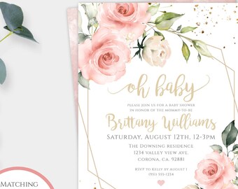 Blush Floral Oh Baby Invitation Template Gold Geometric Baby Shower Invite With Watercolor Flowers, DIY Editable + Printable Invitation BSBG