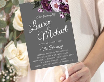 Gray and Plum Floral Wedding Program FAN Template, Printable Plum Floral Program Instant Download, DIY Editable Ceremony Fan Program, WBPG