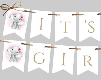 Elephant Baby Shower Banner Template for Girl, Pink + Gold Elephant Baby Shower Decor, Printable It's A Girl Garland, Editable Shower, SPE