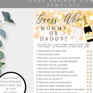 Guess Who Mommy or Daddy Game Template in Poppin&#39; Bottles Theme for Baby Shower, Baby Shower Game, Gender Neutral, New Years Shower, BSPB4
