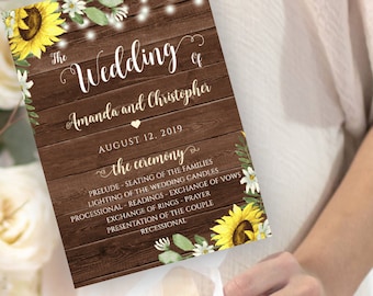 Sunflower Program Fan Template for Wedding, Barn Wedding, Rustic Fan Printable Program, Editable Ceremony Program Fan, WBSF