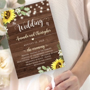 Sunflower Program Fan Template for Wedding, Barn Wedding, Rustic Fan Printable Program, Editable Ceremony Program Fan, WBSF