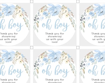 Oh Boy Blue Floral Thank You Sticker Label Template for Boy Baby Shower, Personalized Favor Tag, Printable Favor Labels, DIY Tag 2" BSBF