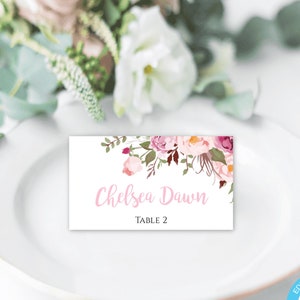 Baptism Place Card Template for Girl, Printable Pink Floral Baptism Decor, Editable Christening Place Card, Tent Fold Card, Download