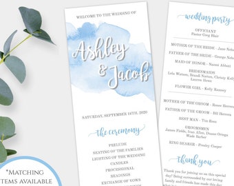Light Blue Watercolor Wedding Program Template, Printable Program Instant Download, DIY Editable Tea Length Ceremony Program, WBBW3