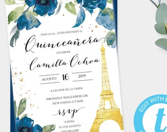 Quinceañera Birthday Invitation Template in Spanish, Sweet 15, Paris Theme Party, Editable Paris Invitation, Eiffel Tower, Vintage Invite