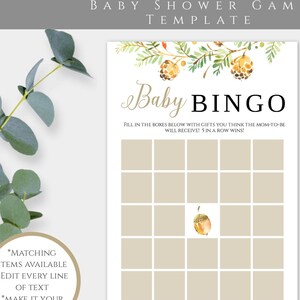 Baby Bingo Game Template, Rustic Baby Shower Game, Fall Baby Shower Printable, Autumn Shower DIY Editable Template 5x7 PDF Bingo Card, BSPC