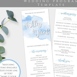 Light Blue Watercolor Wedding Program Template, Printable Program Instant Download, DIY Editable Tea Length Ceremony Program, WBBW3