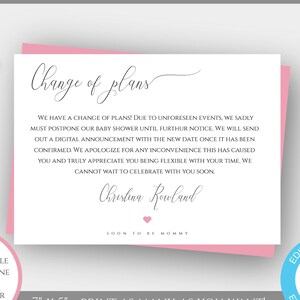 Change of Plans Baby Shower Postpone Announcement Template, Event Cancellation, Editable Text, Change The Date, Send Digital or Print Card