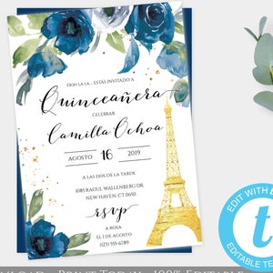 Quinceañera Birthday Invitation Template in Spanish, Sweet 15, Paris Theme Party, Editable Paris Invitation, Eiffel Tower, Vintage Invite