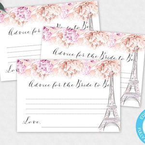 Paris Advice Card Template, Pink Floral Eiffel Tower Advice, DIY Editable French Bridal Shower Advice Card, Printable Boho Advice Card, WSP