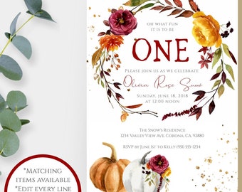 Autumn First Birthday Invitation Template, Fall 1st Birthday Invitation, Girls First Birthday Invite, DIY Editable Birthday Printable