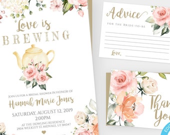 Peach Floral Love is Brewing Bridal Shower Invitation Template Set, Tea Party Invitation, Edit + Print Your Invite, Advice + Thank You WSPF2