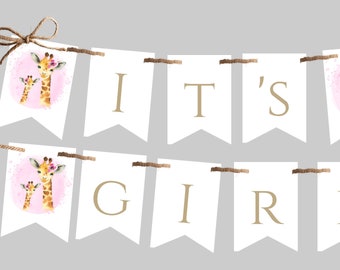 Giraffe Baby Shower Banner Template for Girl, Pink + Gold Giraffe Baby Shower Decor, Printable It's A Girl Garland, Editable Shower, SPG